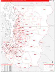 Seattle-Tacoma-Bellevue Metro Area Wall Map Red Line Style 2024